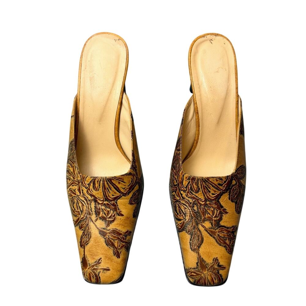 VTG Italian Leather Floral Tooled Mules Heels Square Toe Brown Size 40 US 9.5